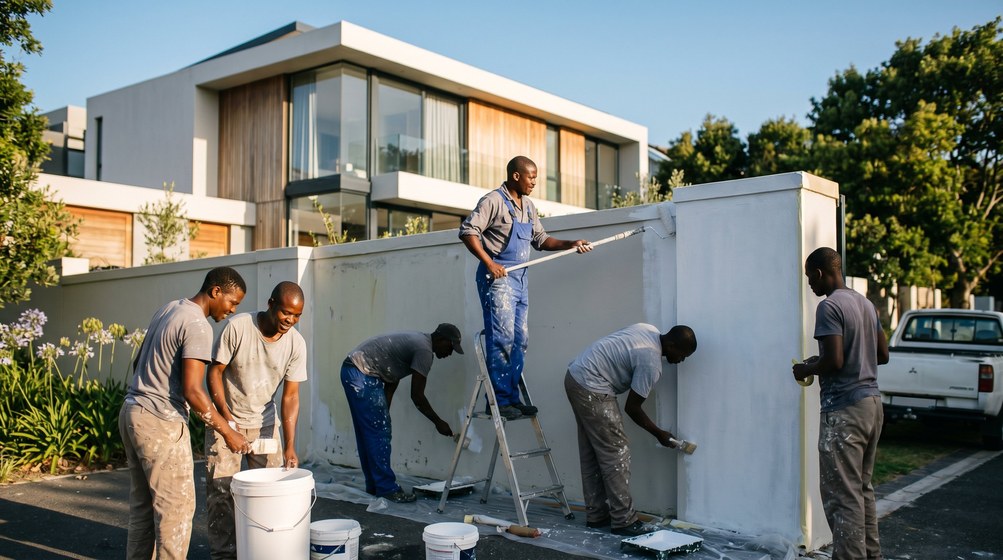 Professional team painting a boundary wall at a modern home in Kuils River