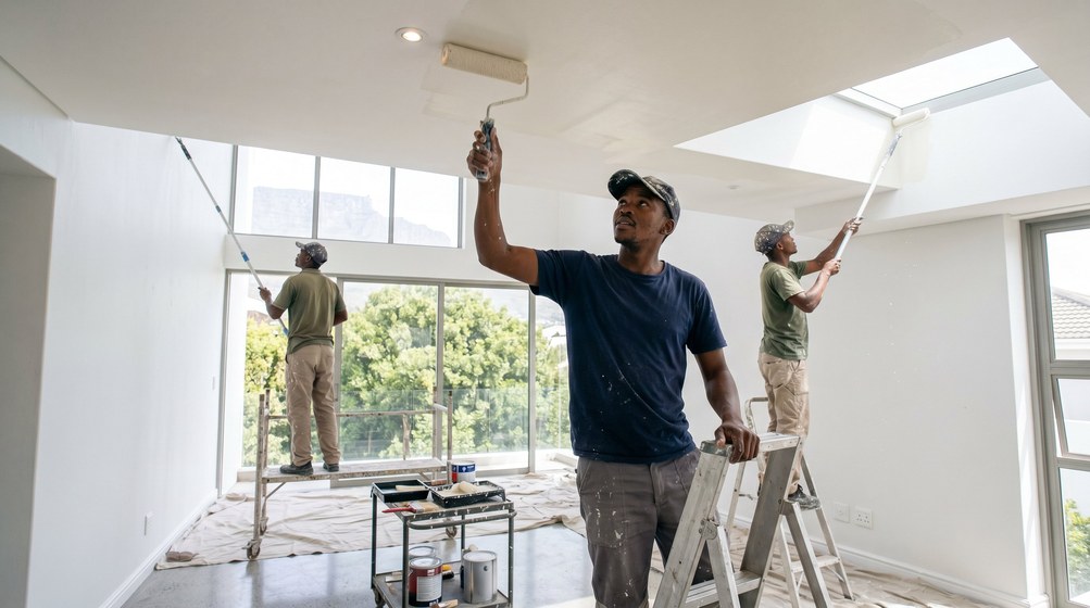 Professional ceiling painters rolling white paint onto a high ceiling in Kuils River