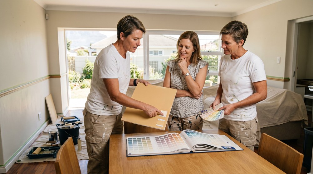 Professional colour consultant showing paint swatches to a homeowner in Kuils River