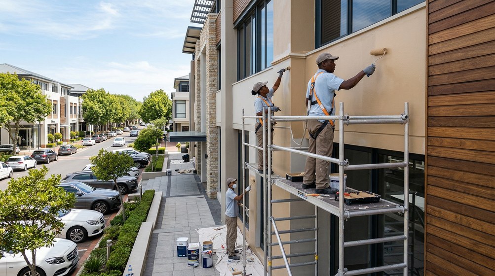 Professional commercial painters on scaffolding painting a building on the Cape Winelands corridor
