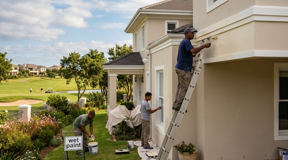 Professional estate painters painting a luxury golf estate home on the Cape Winelands corridor