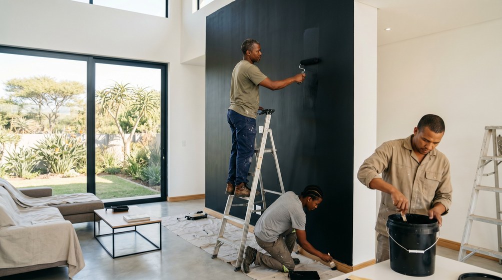 Professional painters creating a bold black feature wall in a modern Kuils River home