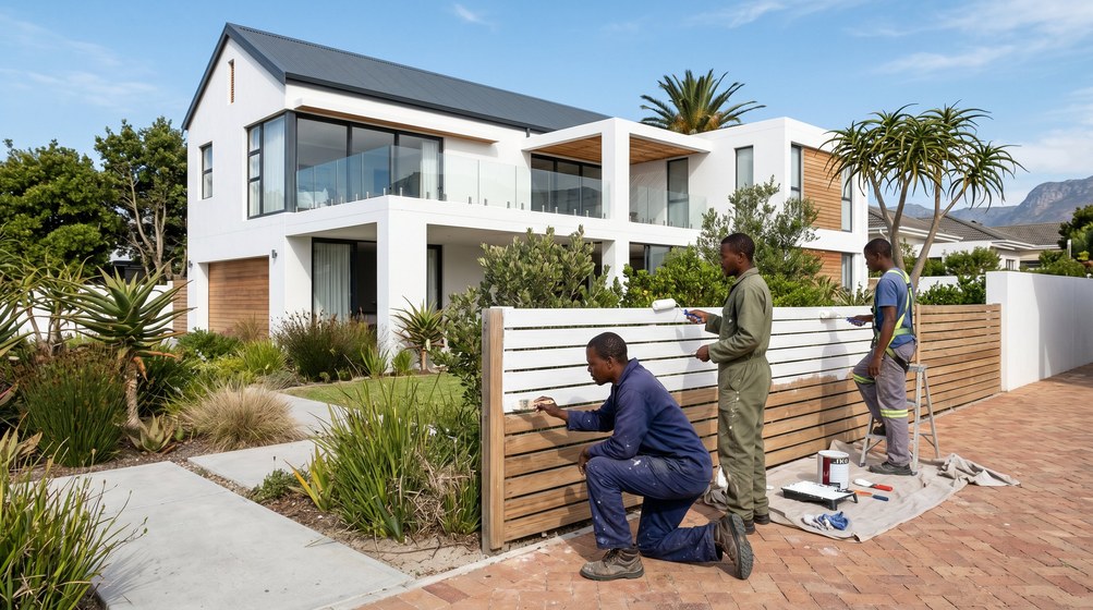 Professional fence painters painting a wooden fence at a coastal home in Kuils River
