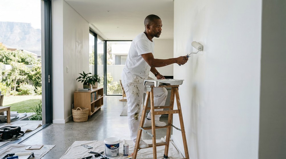 Professional interior painter in Kuils River painting walls with a roller