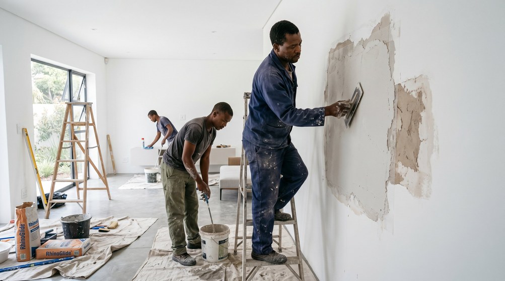Professional plaster repair team skim coating damaged walls in Kuils River