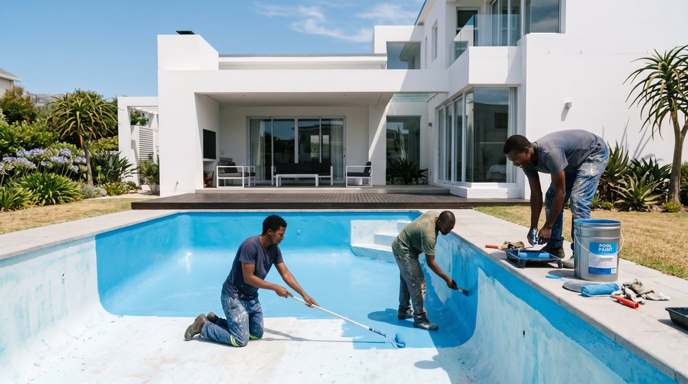 Professional pool painters applying blue pool paint to a swimming pool in Kuils River