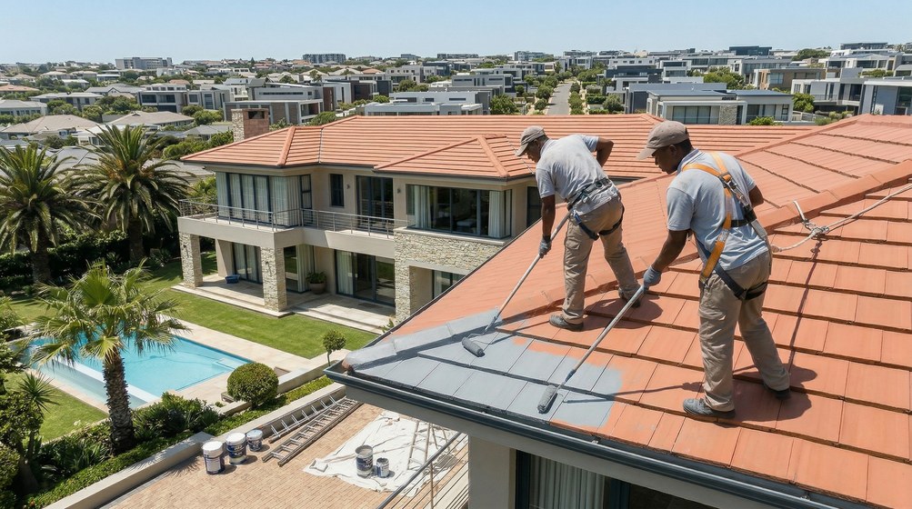 Professional roof painters applying waterproof coating to tiled roof in Kuils River