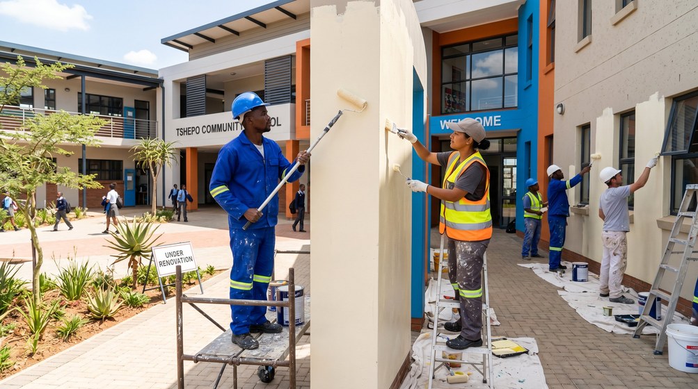 Professional school painting team painting a community school on the Cape Winelands corridor