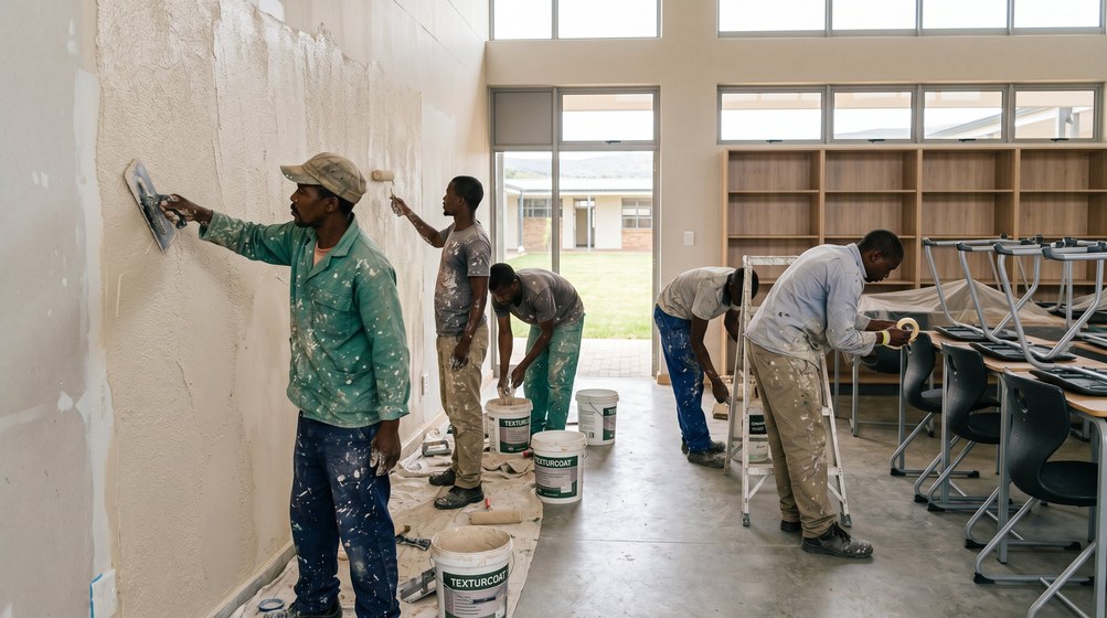 Professional texture coating team applying Texturcoat to interior walls in Kuils River