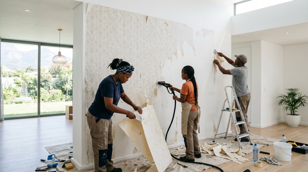 Professional wallpaper removal team stripping old wallpaper in a Kuils River home