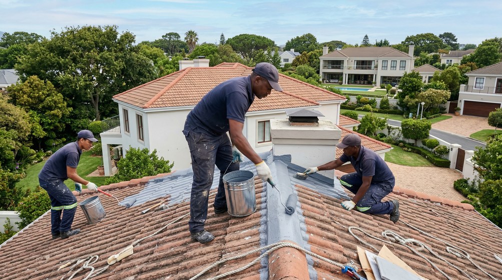 Professional waterproofing team applying membrane to roof in Kuils River