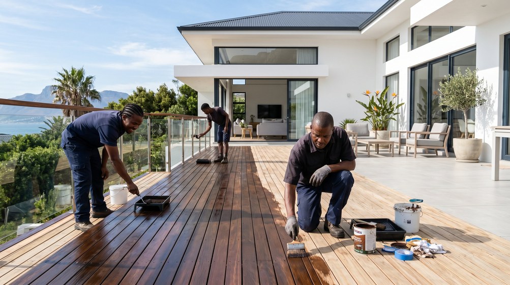 Professional wood staining team applying deck stain overlooking the ocean in Kuils River